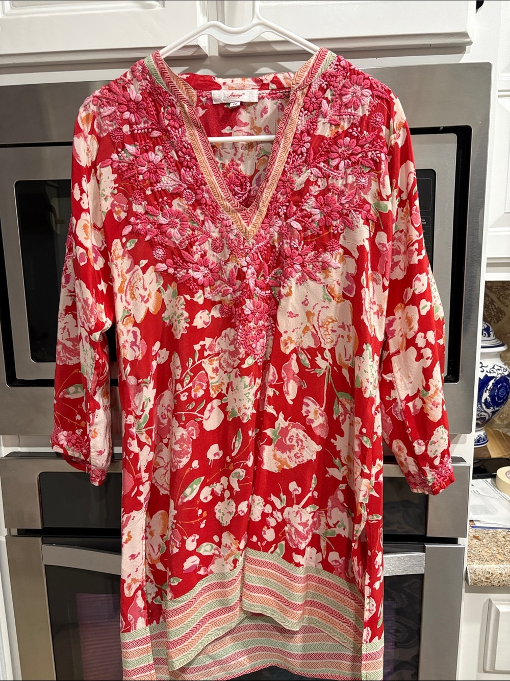 Amaya silk Embellished Floral V-Neck Tunic Top - Red Floral